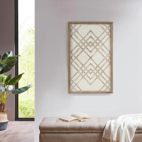 Madison Park Wall Art Living Room Décor - Exton Geometric Carved Wood Frame, Home Accent Modern Kitchen Dining Decoration, Ready to Hang Panel for Bedroom, 20" W x 32" H, Natural/White in Saudi Arabia