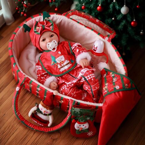 BABESIDE 9 Pcs Reborn Baby Doll Clothes Set with Bassinet for 17-22 Inch Dolls, Christmas Style Baby Dolls Clothes Doll Accessories Set with Baby Doll Blanket Chirstmas Sock for Realistic Baby Dolls in Saudi Arabia