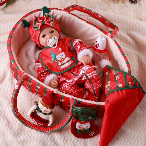 BABESIDE 9 Pcs Reborn Baby Doll Clothes Set with Bassinet for 17-22 Inch Dolls, Christmas Style Baby Dolls Clothes Doll Accessories Set with Baby Doll Blanket Chirstmas Sock for Realistic Baby Dolls in Saudi Arabia