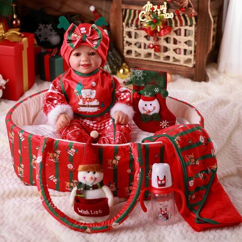 BABESIDE 9 Pcs Reborn Baby Doll Clothes Set with Bassinet for 17-22 Inch Dolls, Christmas Style Baby Dolls Clothes Doll Accessories Set with Baby Doll Blanket Chirstmas Sock for Realistic Baby Dolls in Saudi Arabia