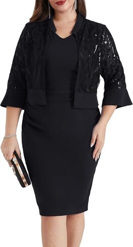 Hanna Nikole Women's Plus Size Cocktail 2 Piece Dress Wedding Guest Formal Bodycon Dress with 3/4 Sleeves Sequin Jacket in Saudi Arabia
