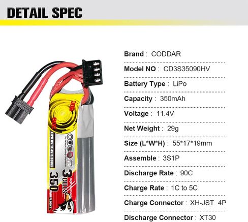 2 Packs CODDAR 350mAh 3S 11.4V 90C HV LiPo Battery with XT30 Connector for RC Racing Drone FPV Quads Quadcoper (CD3S35090HV) in Saudi Arabia