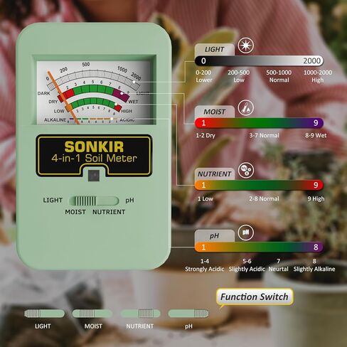 جهاز قياس رطوبة التربة من سونكير، جهاز قياس درجة الحموضة للتربة 4 في 1، جهاز اختبار التربة للمغذيات والرطوبة ودرجة الحموضة والضوء، مجموعات اختبار درجة الحموضة للتربة للنباتات، رائع للحديقة والحديقة والاستخدام الداخلي والخارجي (لا يتطلب بطارية) in Kuwait