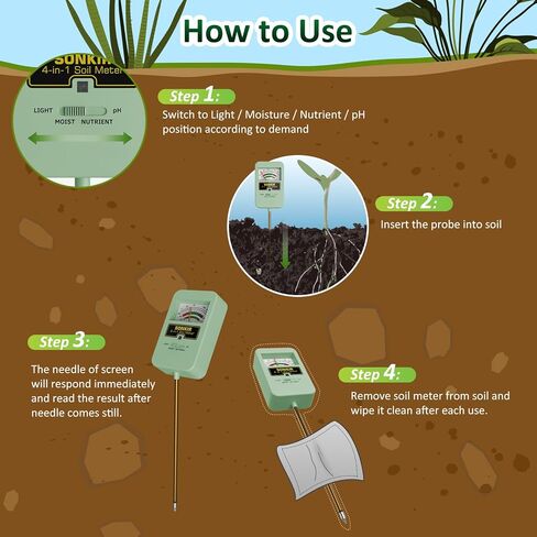 جهاز قياس رطوبة التربة من سونكير، جهاز قياس درجة الحموضة للتربة 4 في 1، جهاز اختبار التربة للمغذيات والرطوبة ودرجة الحموضة والضوء، مجموعات اختبار درجة الحموضة للتربة للنباتات، رائع للحديقة والحديقة والاستخدام الداخلي والخارجي (لا يتطلب بطارية) in Kuwait