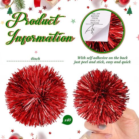 Yunlly 40 Pcs 4 Inch Christmas Tinsel Bows for Gift Wrapping Self Adhesive Pom Poms Colored Tinsel Bows for Crafts Present Baskets Christmas Tree Decoration(Silver, Gold, White, Rose) in Saudi Arabia