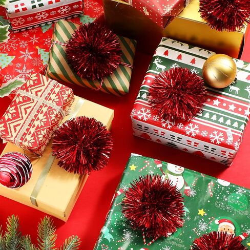 Yunlly 40 Pcs 4 Inch Christmas Tinsel Bows for Gift Wrapping Self Adhesive Pom Poms Colored Tinsel Bows for Crafts Present Baskets Christmas Tree Decoration(Silver, Gold, White, Rose) in Saudi Arabia