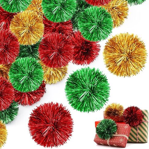 Yunlly 40 Pcs 4 Inch Christmas Tinsel Bows for Gift Wrapping Self Adhesive Pom Poms Colored Tinsel Bows for Crafts Present Baskets Christmas Tree Decoration(Silver, Gold, White, Rose) in Saudi Arabia