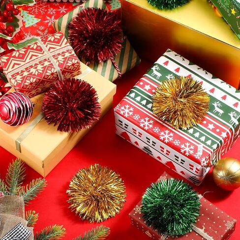 Yunlly 40 Pcs 4 Inch Christmas Tinsel Bows for Gift Wrapping Self Adhesive Pom Poms Colored Tinsel Bows for Crafts Present Baskets Christmas Tree Decoration(Silver, Gold, White, Rose) in Saudi Arabia