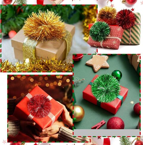 Yunlly 40 Pcs 4 Inch Christmas Tinsel Bows for Gift Wrapping Self Adhesive Pom Poms Colored Tinsel Bows for Crafts Present Baskets Christmas Tree Decoration(Silver, Gold, White, Rose) in Saudi Arabia