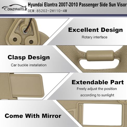 Passenger Right Side Sun Visor Compatible with Hyundai Elantra 2007 2008 2009 2010 Sun Shade with Light Replacement # 85202-2H110-4W Beige in Saudi Arabia