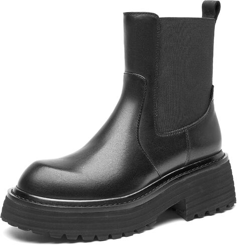 BEAU TODAY Platform Chelsea Boots for Women, Chunky Genuine Leather Elastic Ankle Boots for Women, Fashion Fall boots with Round Toe, Comfortable Slip-on Winter Combat Boots in Saudi Arabia