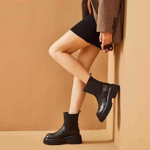 BEAU TODAY Platform Chelsea Boots for Women, Chunky Genuine Leather Elastic Ankle Boots for Women, Fashion Fall boots with Round Toe, Comfortable Slip-on Winter Combat Boots in Saudi Arabia