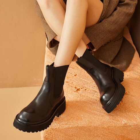 BEAU TODAY Platform Chelsea Boots for Women, Chunky Genuine Leather Elastic Ankle Boots for Women, Fashion Fall boots with Round Toe, Comfortable Slip-on Winter Combat Boots in Saudi Arabia