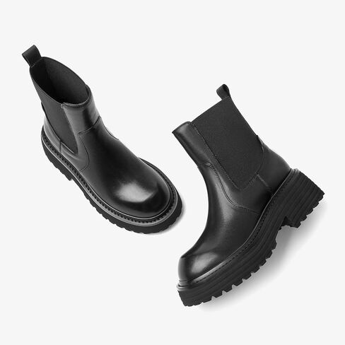 BEAU TODAY Platform Chelsea Boots for Women, Chunky Genuine Leather Elastic Ankle Boots for Women, Fashion Fall boots with Round Toe, Comfortable Slip-on Winter Combat Boots in Saudi Arabia