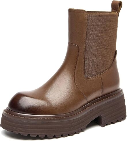 BEAU TODAY Platform Chelsea Boots for Women, Chunky Genuine Leather Elastic Ankle Boots for Women, Fashion Fall boots with Round Toe, Comfortable Slip-on Winter Combat Boots in Saudi Arabia