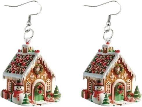 Christmas Gingerbread House with Snowman Acrylic Keepsake Dangle Earrings in Saudi Arabia