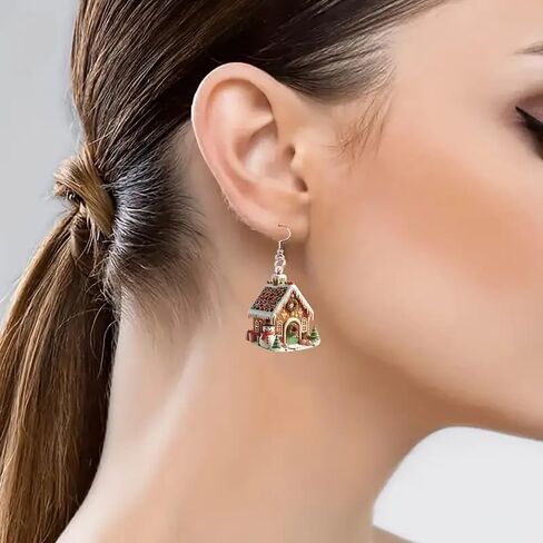 Christmas Gingerbread House with Snowman Acrylic Keepsake Dangle Earrings in Saudi Arabia