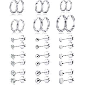 15 Pairs 20G Surgical Steel Flat Back Earrings Set for Multiple Piercing Small Tiny Ball CZ Geometry Stud Hoop Huggie Screw Back Cartilage Earring for Women Men Gold Silver Tone