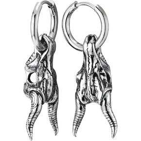 Horn Goat Skull Hoop Earrings, Mens Steel Huggie Earrings, Gothic Baphomet, Edgy Statement Jewelry