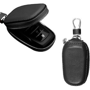 Car Key Case, Genuine Leather Auto Key Fob Cover Case, Key Fob Protector with Metal Hook, Car Smart Keychain Holder (Black)