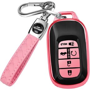 QBUC for Honda Key fob Cover with Leather Keychain Soft TPU Key Shell Case Fits for Honda Accord Civic HR-V CR-V Pilot (pink)
