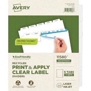 Avery EcoFriendly Recycled Dividers for 3 Ring Binders, 12-Tab, White Tabs, Index Maker Print and Apply Clear Label Strip, 5 Sets for 60 Binder Dividers Total (11582)