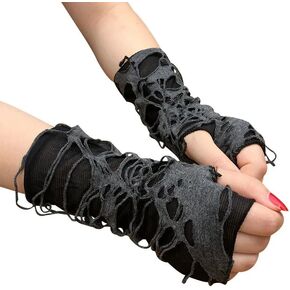 mdgfge Women's Punk Fingerless Gloves Torn Ripped Punk Goth Cosplay Ripped Broken Gothic Short Gloves for Halloween Party Women Decoration Accessories (1 Pair)