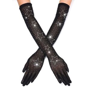 GORAIS Sparkle Rhinestone Gloves Women Black Star Sheer Arm Sleeves Gloves Elbow Length Halloween Costume Accessories
