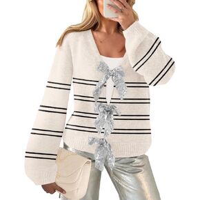 Women’s 2024 Fall Winter Bow Knot Cardigan Sweater Long Sleeve Open Front V Neck Chunky Knit Cardigan Coats