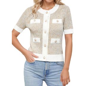 LCXWFE Womens Cropped Short Sleeve Cardigan Sweaters Crew Neck Button Down Tweed Cardigans Knitwear Tops with Pockets