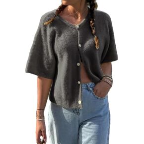 Women Crop Knit Cardigan Casual Short Sleeve Button Down Crewneck Sweater Going Out Tops