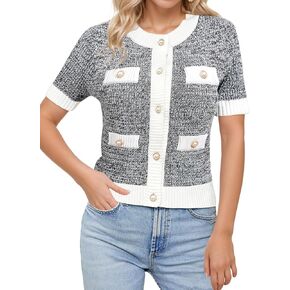 LCXWFE Womens Cropped Short Sleeve Cardigan Sweaters Crew Neck Button Down Tweed Cardigans Knitwear Tops with Pockets