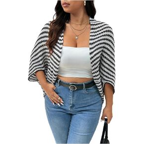 MakeMeChic Women's Plus Size Open Front Lightweight Cardigans Sweater Striped 3/4 Sleeve Knit Loose Outerwear
