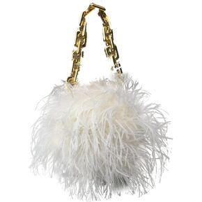 LVCOMEFF Women Ostrich Feather Mini Handbag Purse with Big Gold Chain for Party Fluffy Plush Luxurious