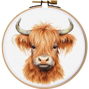Generic Cartoon Baby Highland Cow DIY Stamped Cross Stitch Kits Easy for Beginners Children with Hoop 11CT Needlepoint Counted Embroidery Kits Art Craft Wall Decoration 12x12inch(6)