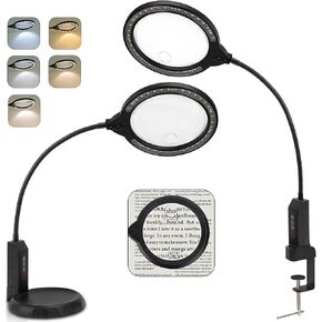 Magnifying Glass with Light and Stand, 15X & 8X Magnifying Lamp with Clamp, 5 Color Lighting Modes Stepless Dimmable LED Desk Lamp Hands Free for Crafts Hobby Reading Painting Sewing Close Work