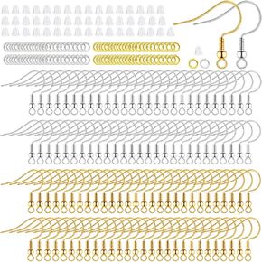 Hypoallergenic Earring Hooks, 600 Pcs Earring Making Kit, Fish Earring Hooks + Metal Jump Rings + Clear Silicone Earring Backs Stoppers for Jewelry Making Findings, Gold/Silver