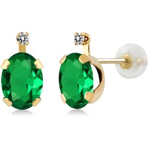 Gem Stone King 14K Yellow Gold Green Nano Emerald and White Diamond Earrings For Women 1.21 Cttw, Gemstone May Birthstone, Oval 7X5MM