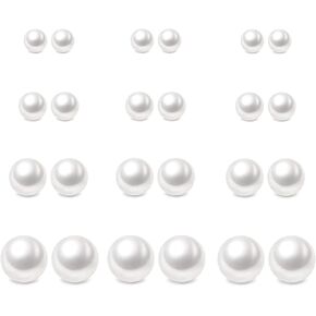12 Pairs Pearl Studs Earrings for Women, Stainless Steel Hypoallergenic White Faux Simulated Pearl Earrings, 4 Mixed Sizes Round Ball Earrings for Wedding Birthday Christmas