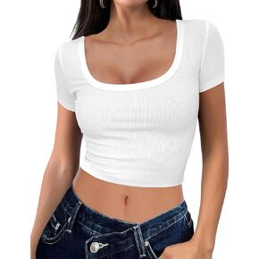 Buauty Women's Crop Top Short Sleeve Summer Fitted Basic Tshirts Scoop Neck Ribbed Silm Baby Tee Trendy White S