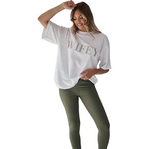 Wifey Statement Tee, Champagne Embroidery, White Crewneck Shirt, Anniversary, Honeymoon, Wedding or Birthday Gift
