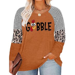 Women Plus Size Gobble Gobble Thanksgiving T-Shirt Cute Funny Turkey Graphic Tees Fall Raglan Long Sleeve Shirt 2X-5X