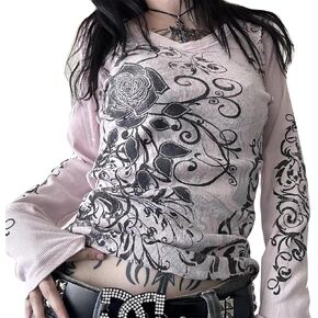 Y2K Grunge Long Sleeve Tops Vintage Graphic Print Loose Fit T-Shirts Gothic Aesthetic Emo Fairycore Clothing Teen Girls