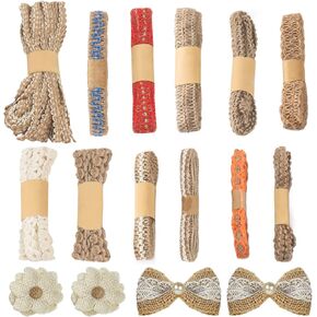 16 Pcs Jute Ribbons and Handmade Burlap Flowers Set 26 Meters Burlap Ribbons Jute Ribbons Rope and Burlap Bow for Gift Wrapping Rustic Lace Ribbon for Wedding Decorations DIY Crafts Packaging