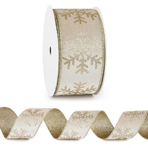 Champagne Snowflake Velvet Ribbon 2.5"x10 Yards Champagne Velvet Ribbon with Gold Backside Reversible Champagne Gold Christmas Velvet Ribbon for Tree decorations, Wreaths,Garlands, Home Decor