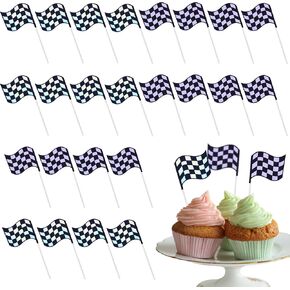 24Pcs Checkered Flag Cupcake Toppers,Glitter Race Car Cake Decorations, Black and White Racing Flags Cupcake Picks for Car Theme Party Supplies Baby Shower Kids Boys Birthday Party Supplies