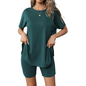 Ekouaer Women's Pajamas Set 2 Piece Cap Sleeve Loungewear Oversized Top Biker Shorts Set Short Sleeve Tracksuit