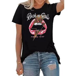 Rock N Roll Shirt Women Vintage Rock Music Graphic Shirt Country Music Tee Funny Letter Printed Casual Short Sleeve Tops