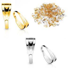 200 Pcs Pinch Bail for Jewelry Making, Silver Gold Pinch Bails for Pendants Necklace Pendant Clasps Connectors Pinch Clip for for Necklace Dangle Charm DIY Craft Making 3x7x2.7mm