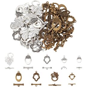 PH PandaHall 54 Sets 9 Styles Toggle Clasps, Tibetan Jewelry Toggle Clasps Flower Oval Leaf Alloy Toggle Clasps Jewelry Clasps and Closures for Necklace Bracelet Jewelry Making, Antique Silver/Bronze